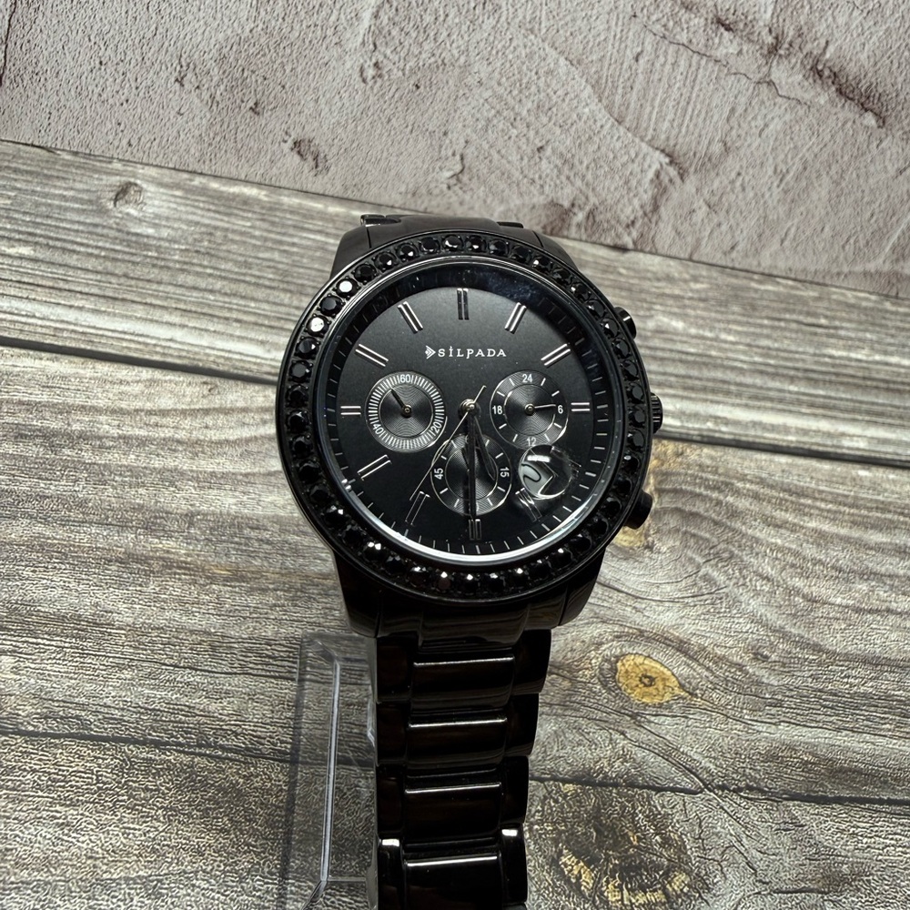 A Chronograph Silpada Watch Black on Black Gemmed Stainless Steel